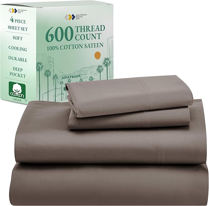 California Design Den 100% Cotton Full Size Bed Sheets, 600 Thread Count Sateen, Soft, Cooling Brown Full Size Sheet Set with Deep Pockets, Hotel-Quality Bedding (Mushroom Brown)
