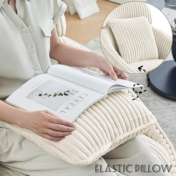 Furniliving Modern Accent Chair Upholstered Swivel Desk Chair for Living Room, Sofa Chair for Bedroom Armchair Side Chair with Headrest Bedroom Chair with Pillow Comfy Corduroy Chairs, Beige