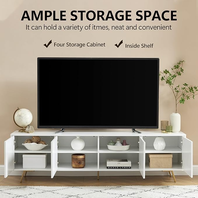 EDYO LIVING Mid Century Modern TV Stand for 75" TV, Wood Entertainment Center with Storage Cabinet, Media TV Console for Living Room and Bedroom, White