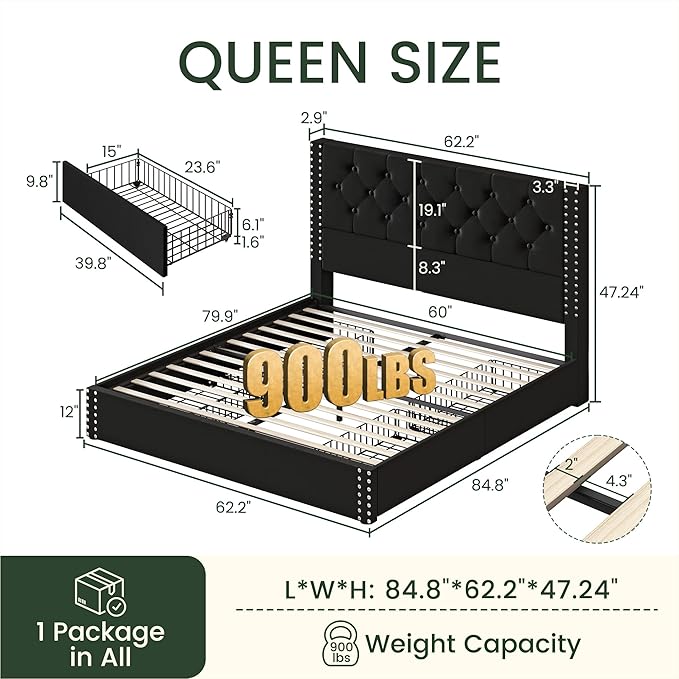 Queen Size Platform Bed Frame with 4 Storage Drawers and Tufted Headboard Velvet Upholstered Bed Frame with Heavy Duty Wood Slats, No Box Spring Needed, Easy Assembly, Black