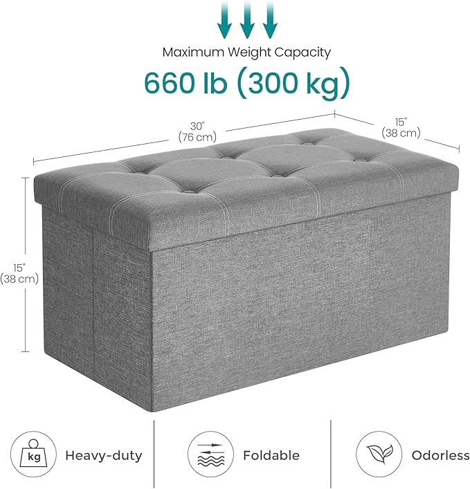 SONGMICS MAZIE Collection - 30 Inches Ottoman Storage Bench, 21 Gal. Folding Chest with Breathable Linen-Look Fabric, Load up to 660 lb, for Entryway, Living Room, Bedroom, Light Gray ULSF001G02