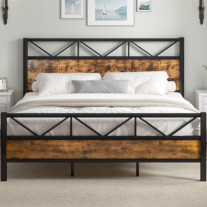 King Size Bed Frame and 51.2" Tall Headboard, King Platform Bed Frame with Headboard, Heavy Duty Metal Slats Support, No Box Spring Needed, Noise-Free, Easy Assembly, Rustic Brown