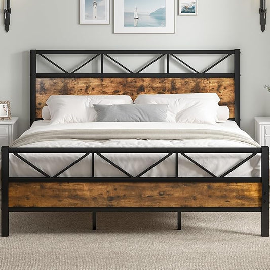 King Size Bed Frame and 51.2" Tall Headboard, King Platform Bed Frame with Headboard, Heavy Duty Metal Slats Support, No Box Spring Needed, Noise-Free, Easy Assembly, Rustic Brown