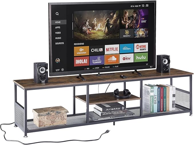 VECELO TV Stand with Power Outlets for Televisions up to 80 Inch,70" Media Entertainment Center with Charging Station 3-Tier Open Storage Shelves with Metal Frame for Living Room/Bedroom，Brown