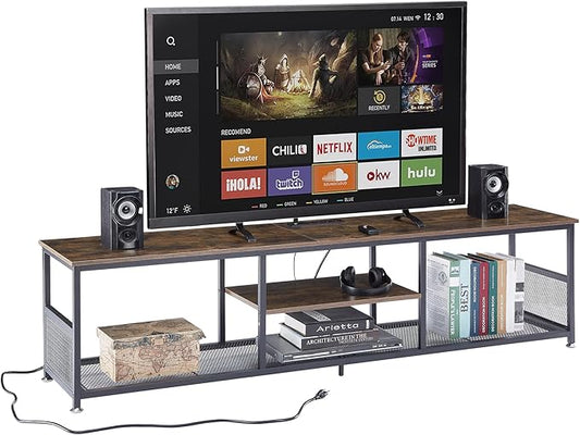 VECELO TV Stand with Power Outlets for Televisions up to 75Inch, 62" Media Entertainment Center with Charging Station 3-Tier Open Storage Shelves with Metal Frame for Living Room/Bedroom，Brown