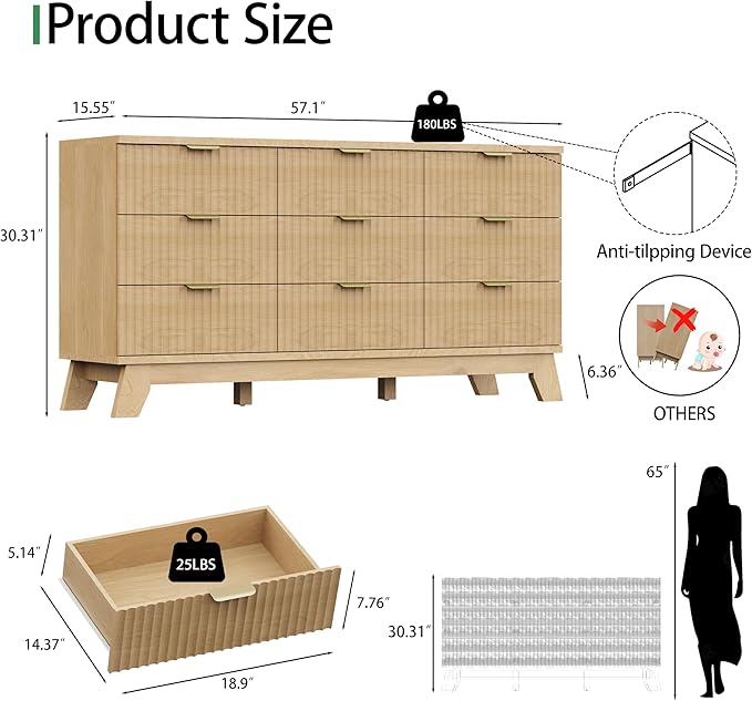 Fluted Dresser for Bedroom with 9 Drawers, 57" Wide Modern Chest of Drawers with Metal Handle, Wooden Dresser TV Stand, Wood Closet Clothes Storage Organizer for Living Room, Hallway, Natural Oak