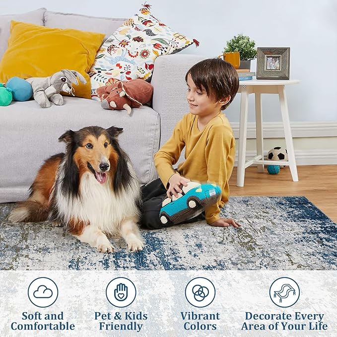 8x10 Modern Abstract Rug Faux Wool Accent Ultra Soft Rug Non Slip Non Shedding Large Washable Rug for Living Room Bedroom Dining Room Office Home, Navy