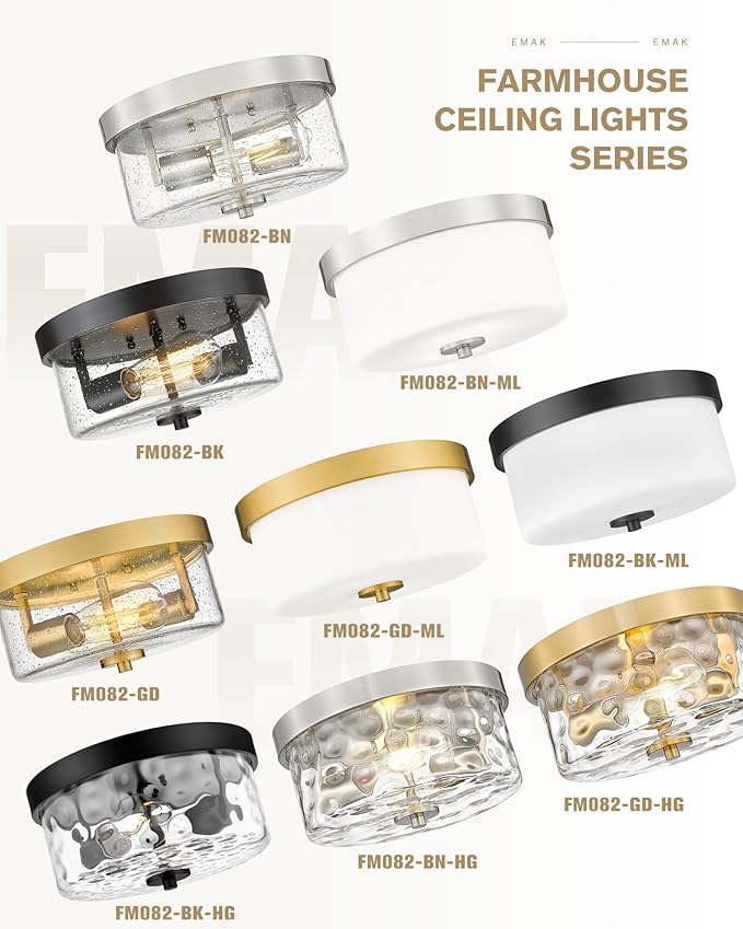 Emak Brushed Nickel Flush Mount Ceiling Light Fixture, Modern 11 inch Hallway Light Fixtures with Hammered Glass Shade, 2-Light Ceiling Lights for Bedroom, Bathroom, Hallway, Kitchen, FM082-BN-HG