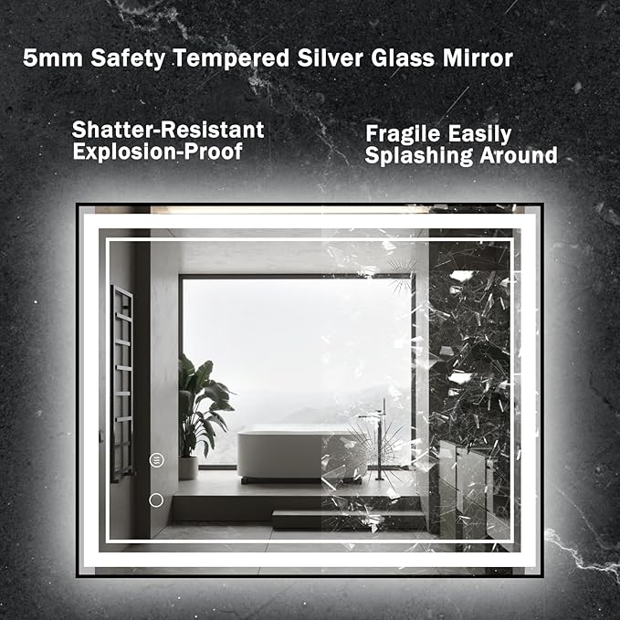 40" x 32" LED Bathroom Mirror with Lights Framed LED Mirror for Bathroom Backlit and Front Lighted Bathroom Mirror Black Square Aluminum Frame Anti-Fog Dimmable Vanity Adjustable Memory