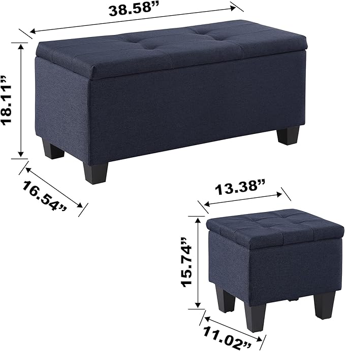 Set of 3 Hinged Storage Ottoman, 38'' Ottoman Bench with Storage and Thick Seating, End of Bed Bedroom Bench Window Bench with 2pcs Small Foot Rest (Blue - Fabric)
