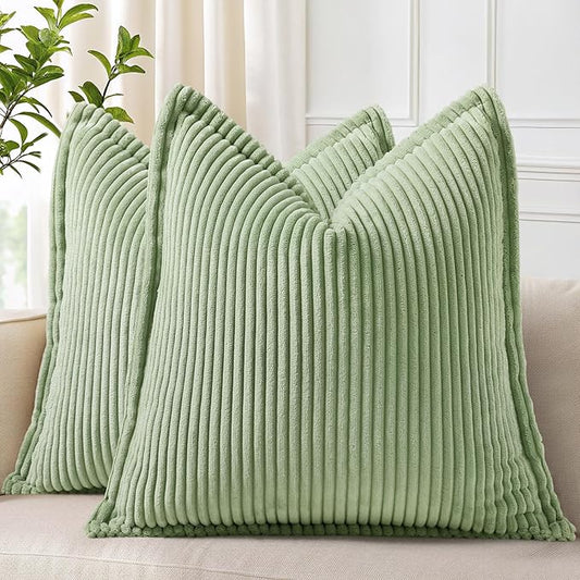decorUhome Corduroy Sage Green Throw Pillow Covers 18x18 Set of 2 Decorative Soft Boho Striped Neutral Euro Farmhouse Couch Pillow Covers with Broadside for Living Room Bed Sofa