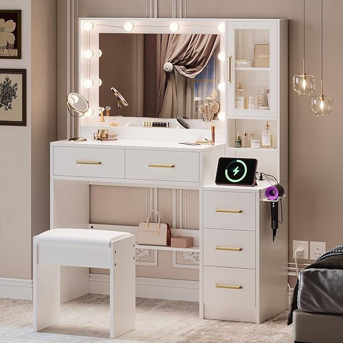 Makeup Vanity with Lights & Charging Station, White Vanity Table with 5 Drawers & Open Storage Shelves ， Bedroom Makeup Dressing Table Set for Women Girls