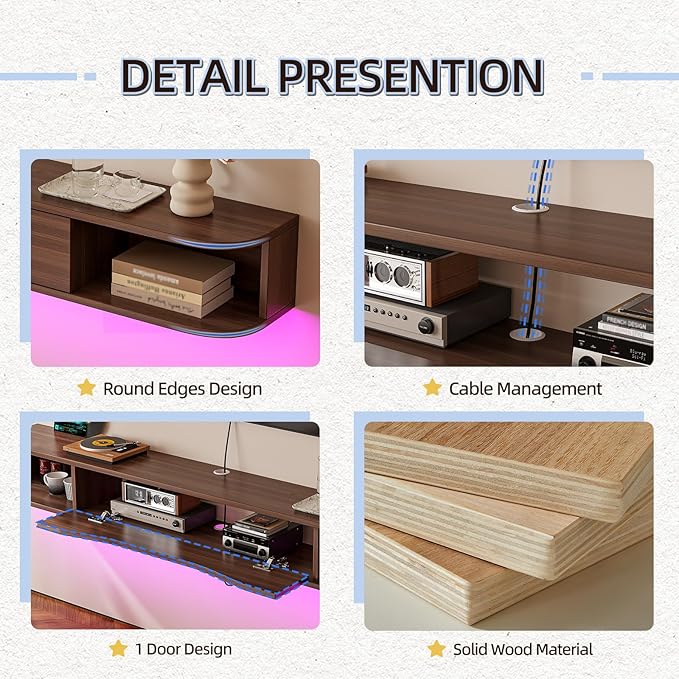 Floating TV Stand,94'' Wall Mounted TV Cabinet,Floating TV Console,Under TV Shelf with 1 Door and 2 Cabinets for TVs up to 90''(Walnut)