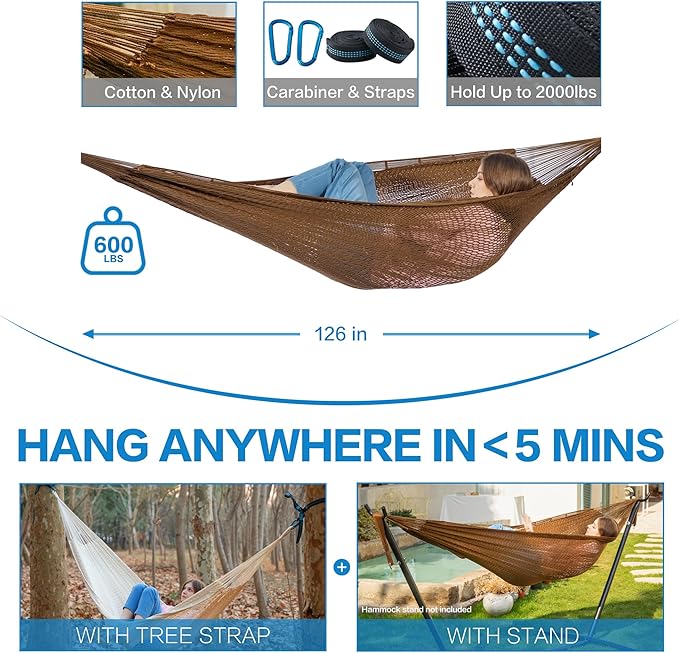 PNAEUT Mayan Hammock, Handwoven XL Thick Soft Rope Hammocks for Outdoor Indoor, Max 600 lbs Capacity, Tree Straps & Carabiners Included (Desert)