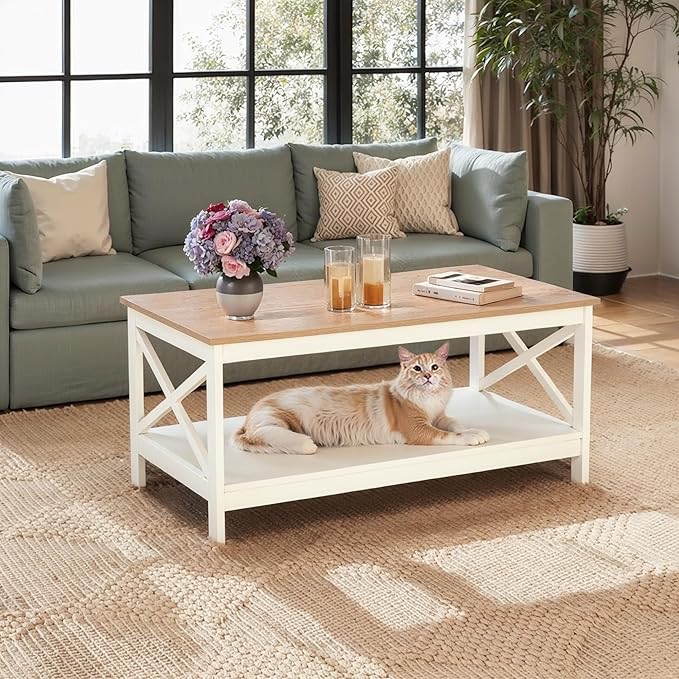 ALPHA HOME Coffee Table with Storage, Farmhouse Coffee Tables for Living Room 2-Tier Modern Coffee Table, Ivory