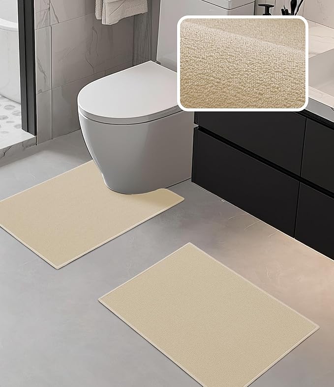 YIHOUSE Bathroom Rug Sets 2 Piece, Ultra Thin Bath Mat Fit Under Door, Quick Dry Absorbent Bath Mat for Bathroom Non Slip Machine Washable Floor Mat (Beige, 2 Piece)