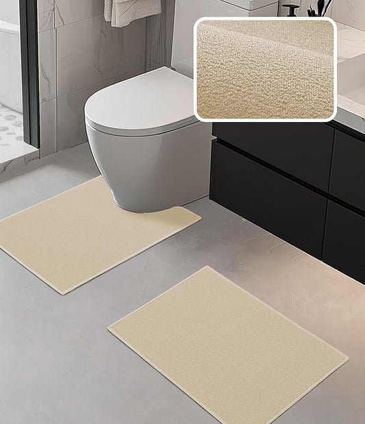 YIHOUSE Bathroom Rug Sets 2 Piece, Ultra Thin Bath Mat Fit Under Door, Quick Dry Absorbent Bath Mat for Bathroom Non Slip Machine Washable Floor Mat (Beige, 2 Piece)