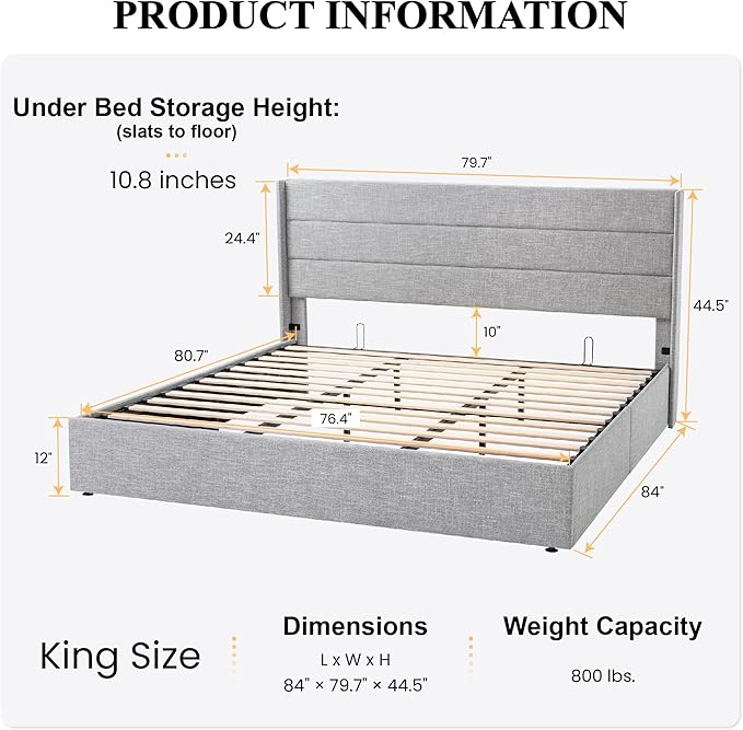 SHA CERLIN King Size Lift Up Storage Bed/Modern Wingback Headboard/Upholstered Platform Bed Frame/Hydraulic Storage/No Box Spring Needed/Wood Slats Support/Light Grey