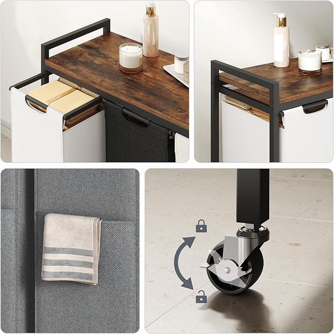 HOOBRO Laundry Sorter 4 Sections, Laundry Hamper with Wheels, 4 × 10.5 Gal (40 L), Rolling Laundry Basket, Pull-Out and Removable Oxford Fabric Bags, Rustic Brown BFE04XY01