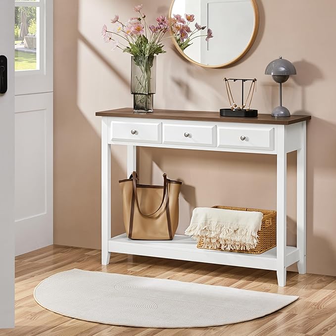 Yaheetech Farmhouse Console Table with 3 Drawers, Modern Wood Entryway Table, Narrow Long Sofa Table with Storage Shelf for Hallway, Living Room, Front Hall, Foyer, Rustic Vintage, White & Brown