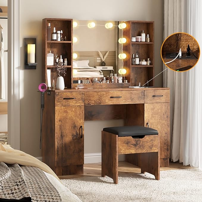 Vabches Makeup Vanity Desk with Lighted Mirror & Power Strip, Large Brown Vanity Table Set Rustic Farmhouse Style with Lots of Storage, 3 Lighting Modes, Brightness Adjustable, 45.2in (W)