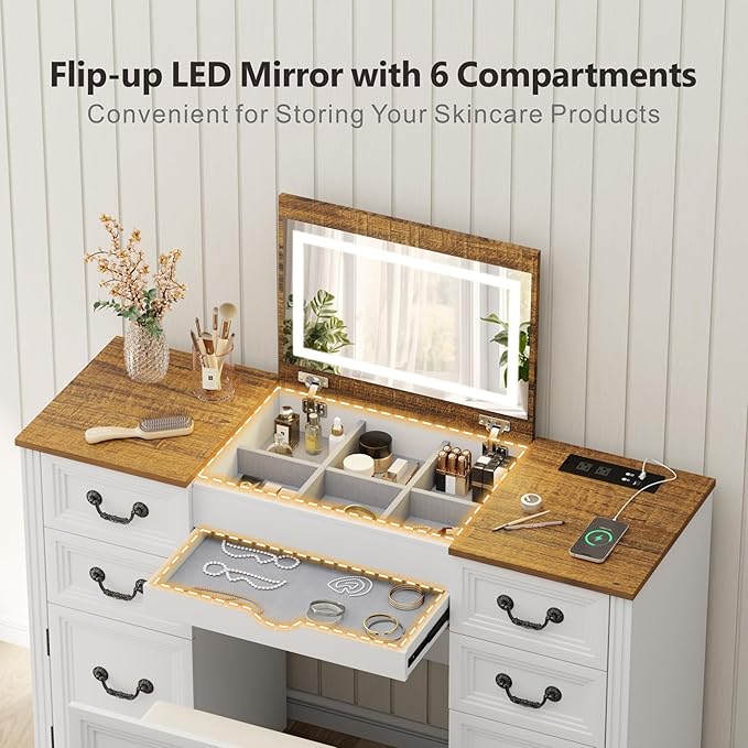 Farmhouse Vanity Desk with Flip up Vanity Mirror and Lights,Rustic Makeup Vanity with Charging Station and Hidden Drawer,Vanity Table Set with Drawers/6-Compartment/Cabinets,White