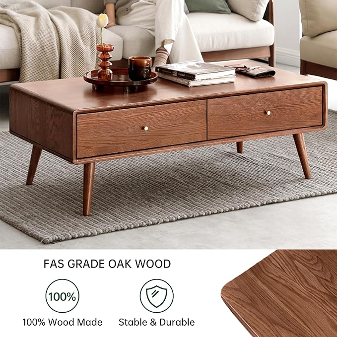 100% Solid Wood Coffee Table for Living Room, 47.24" W Mid Century Modern Coffee Table with 4 Drawers, Oak Coffee Tables for Home (Walnut Wood Color, 47.24" W)