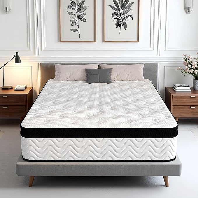 Queen Size 12 Inch Hybrid Mattress with Individually Wrapped Coils and Cooling Memory Foam, Medium Firm Support with Motion Isolation & Edge Support, CertiPUR-US Certified, Mattress in a Box