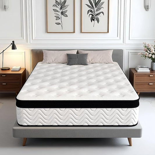 Queen Size 12 Inch Hybrid Mattress with Individually Wrapped Coils and Cooling Memory Foam, Medium Firm Support with Motion Isolation & Edge Support, CertiPUR-US Certified, Mattress in a Box