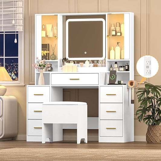 White Makeup Vanity Desk with Mirror & Lights, Modern Vanity Table with Charging Station, 7 Drawers, Glass Cabinet, Shelves & Cushioned Stool, Bedroom Dressing Table Set for Women & Girls