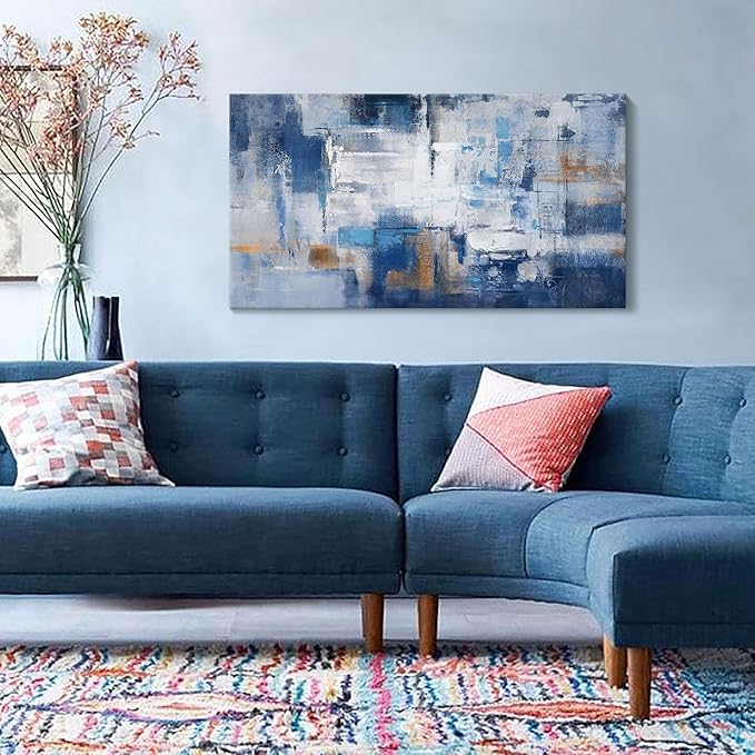 KLAKLA Blue Wall Decor - Abstract Canvas Wall Art for Living Room - Artistic Elegance Unveiled in a Beautiful Wooden Frame & Blue and White Pictures for Office Bedroom Wall Decoration