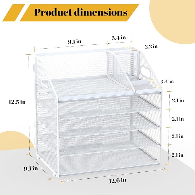 Letter Tray Paper, 5 Tier Desk Organizer with Pen Holder and Handle, Mesh File Organizer Paper Sorter Metal Desktop Document Shelf for Office Home Classroom - White