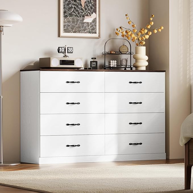 LINSY HOME 8 Drawer Dresser for Bedroom, 54" Wide Chest of Drawers, Modern TV Stand Dressers with Wood Frame and Metal Handles, Large Drawer Organizer for Bedroom, Living Room, White