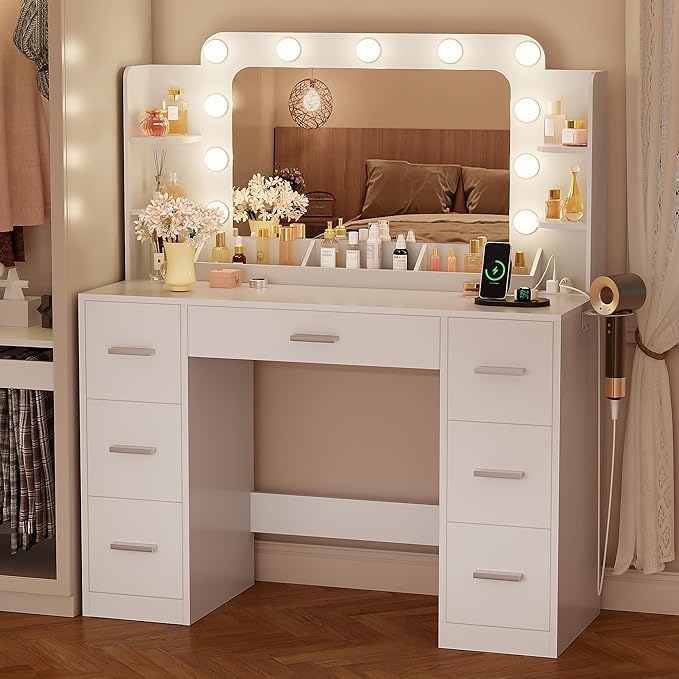 YESHOMY Vanity Desk with Large Lighted Mirror, Power Outlet and 11 Lights, Makeup Table with 7 Drawers and 3 Desktup Storage Units, 3 Color Modes Available for Bedroom, White