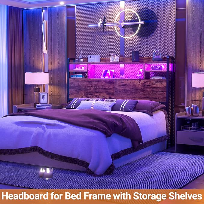 Aheaplus Headboard for Queen Size Bed with Storage, Headboards with LED Light, Power Outlets, USB Ports Queen Size Head Board, Wood headboard Only Sturdy and Stable Headboards, Modern, Rustic Brown