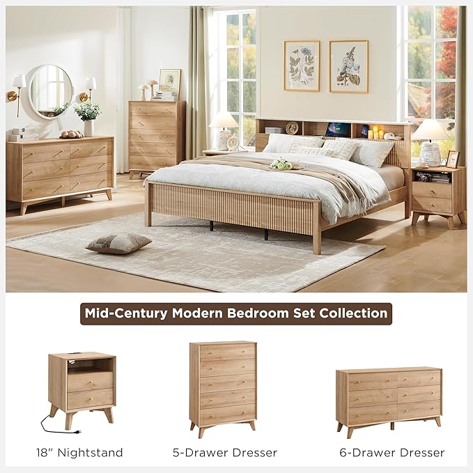 T4TREAM 5 Drawer Dresser for Bedroom, 48" Tall Mid-Century Modern Chest of Drawers, Beveled Profile Design, Wood Drawer Organizer for Bedroom, Living Room, Hallway and Entryway, Natural Oak