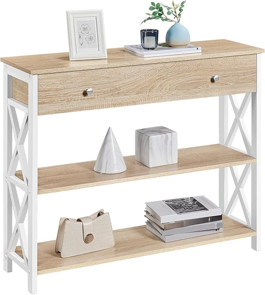 Yaheetech Console Table with Drawer, Narrow Sofa Table with Storage Shelves for Living Room, 3-Tier Entryway Tables with Metal Frame, Light Oak