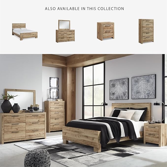 Signature Design by Ashley Hyanna Rustic Queen Panel Bed with Metal Slats, Foundation or Box Spring Needed, Light Brown