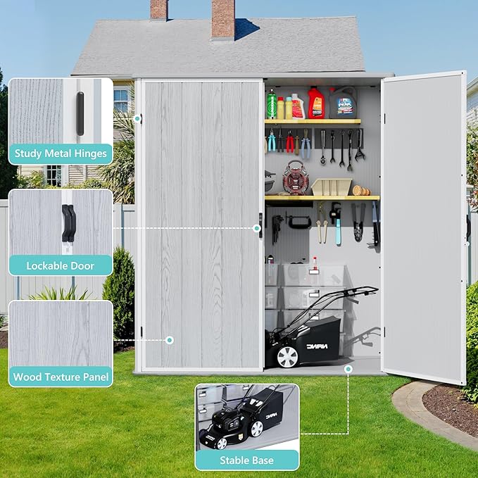 Greesum 5×3FT Plastic Outdoor Storage Shed with Floor, Resin Storaged Sheds with Lockable Door, Window & Vent, All-Weather Tool Sheds for Garden, Backyard, Patio, Light Gray (4.7×2.5FT)