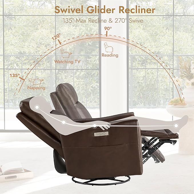 Watson & Whitely Genuine Leather Power Recliner Chairs for Adults, Swivel Glider Recliner Chair for Living Room with Charging Ports, Dark Brown
