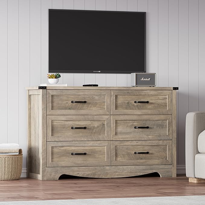 6-Drawer Dresser for Bedroom – 47" Wide Modern Wooden Chest with Natural Wood Texture, TV Stand & Storage, Metal Corner Brackets, Wood Drawer Organizer for Living Room, Hallway