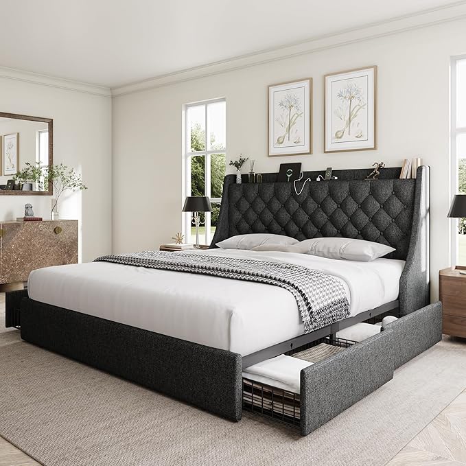 King Size Bed Frame with 4 Storage Drawers, Giant Upholstered Wingback Headboard, Fast Charging Station, No Box Spring Needed, Noise-Free, Dark Gray