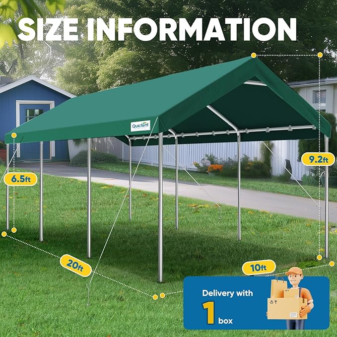 Quictent 10x20 ft Heavy Duty Carport Canopy Galvanized Car Tent Outdoor Garage Boat Shelter with Reinforced Structure, with Hanging Edge - Green