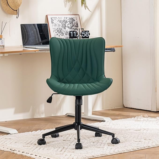 YOUTASTE Dark Green Office Chair, Modern Armless Desk Chair with Back, Adjustable Swivel Rolling Faux Leather Task Chair with Wheels Metal Base for Home Office, Study, or Vanity