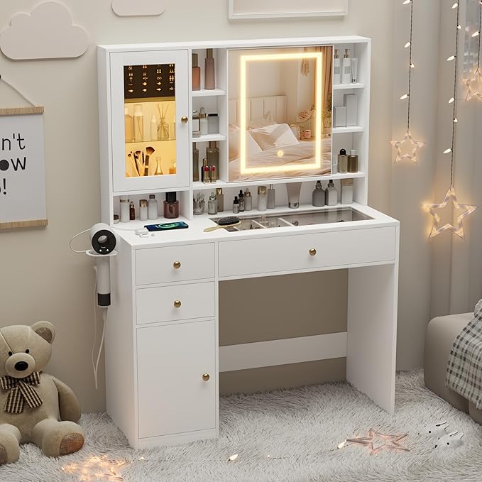 Makeup Vanity Desk with Mirror and Lights, White Vanity with Glass Top, Jewelry Storage, Power Outlets, 3 Drawers & 2 Cabinets, Adjustable LED Lighting, Dressing Table for Women & Girls Bedroom