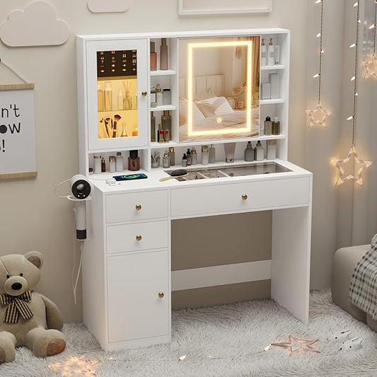 Makeup Vanity Desk with Mirror and Lights, White Vanity with Glass Top, Jewelry Storage, Power Outlets, 3 Drawers & 2 Cabinets, Adjustable LED Lighting, Dressing Table for Women & Girls Bedroom