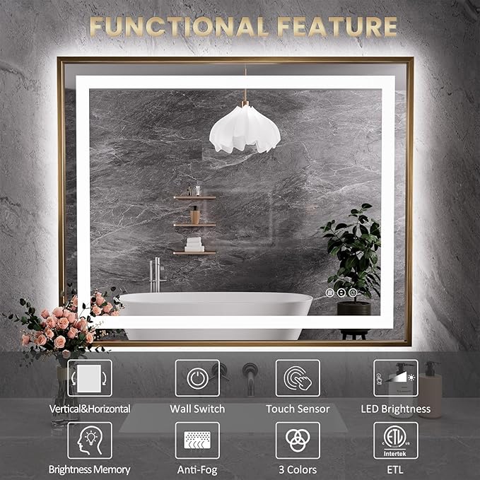 Amorho 72"x 36" Gold LED Bathroom Mirror, Metal Framed Mirror with Front Light and Backlit, Stepless Dimmable, Anti-Fog, Shatter-Proof, Memory, 3 Colors