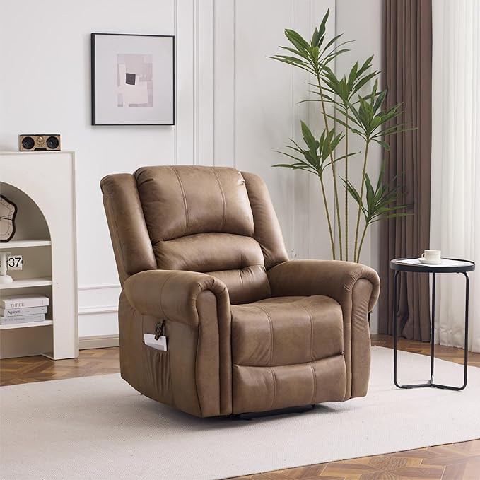 FLEXISPOT Power Lift Recliner Chair for Elderly with Massage & Heat, Faux Leather Electric Reclining Chair for Seniors with USB Ports, Cup Holders & Side Pockets(Medium Size,Light Brown