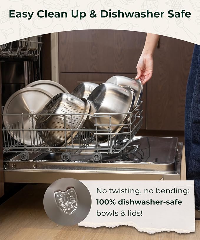 Enther Stainless Steel Colander Set with Lid - Set of 3 Rice Strainer Bowls, 2.6, 3.2, 4QT - Durable Mesh Filter, Nestable Design for Washing Vegetables, Fruit and Rice and for Draining Cooked Pasta