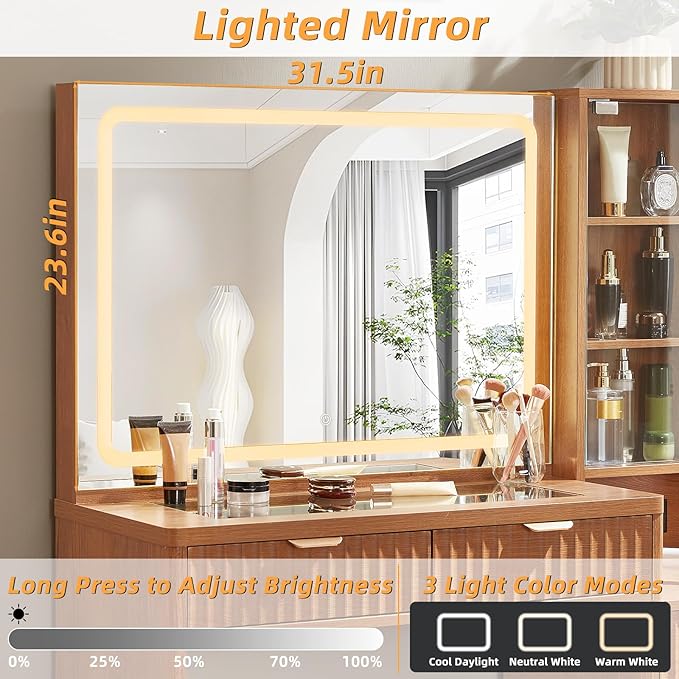 LEYAOYAO Vanity Desk with Mirror and Lights, 43.5'' Fluted Makeup Vanity with 6 Drawers and Adjustable Shelves, Wood TC Make Up Vanity Dressing Table with Glass Top and Power Outlet for Bedroom